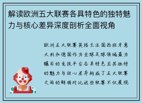 解读欧洲五大联赛各具特色的独特魅力与核心差异深度剖析全面视角