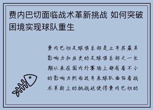 费内巴切面临战术革新挑战 如何突破困境实现球队重生 费内巴切面临战术革新挑战 如何突破困境实现球队重生