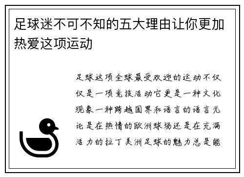 足球迷不可不知的五大理由让你更加热爱这项运动 足球迷不可不知的五大理由让你更加热爱这项运动